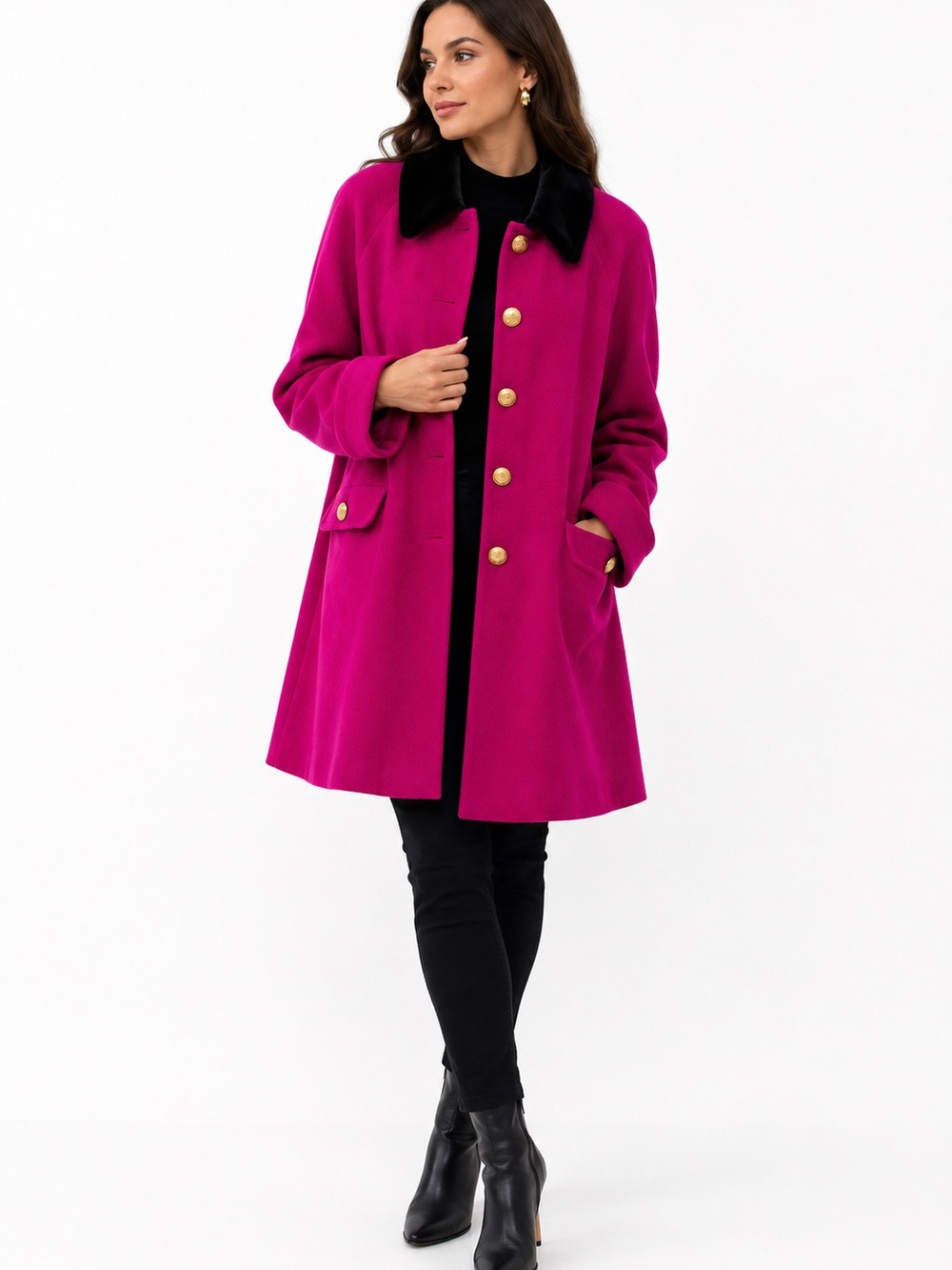 MACKINTOSH Fuchsia Wool Pea Coat with Black Collar